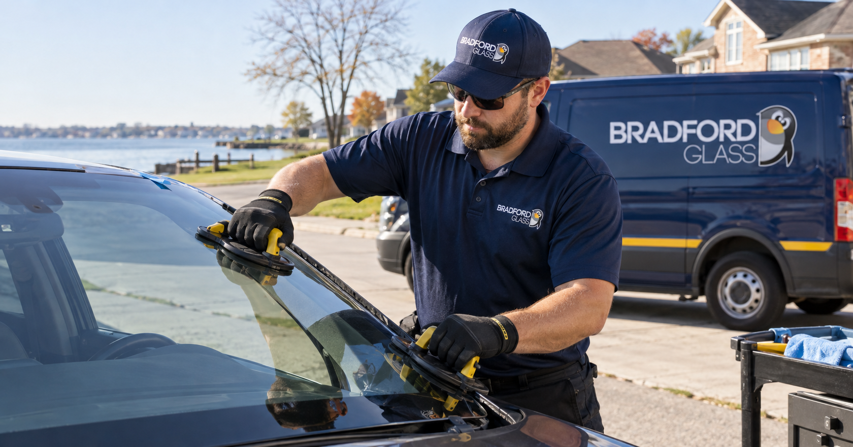 Bradford Glass technician installing a new windshield with the company van behind him