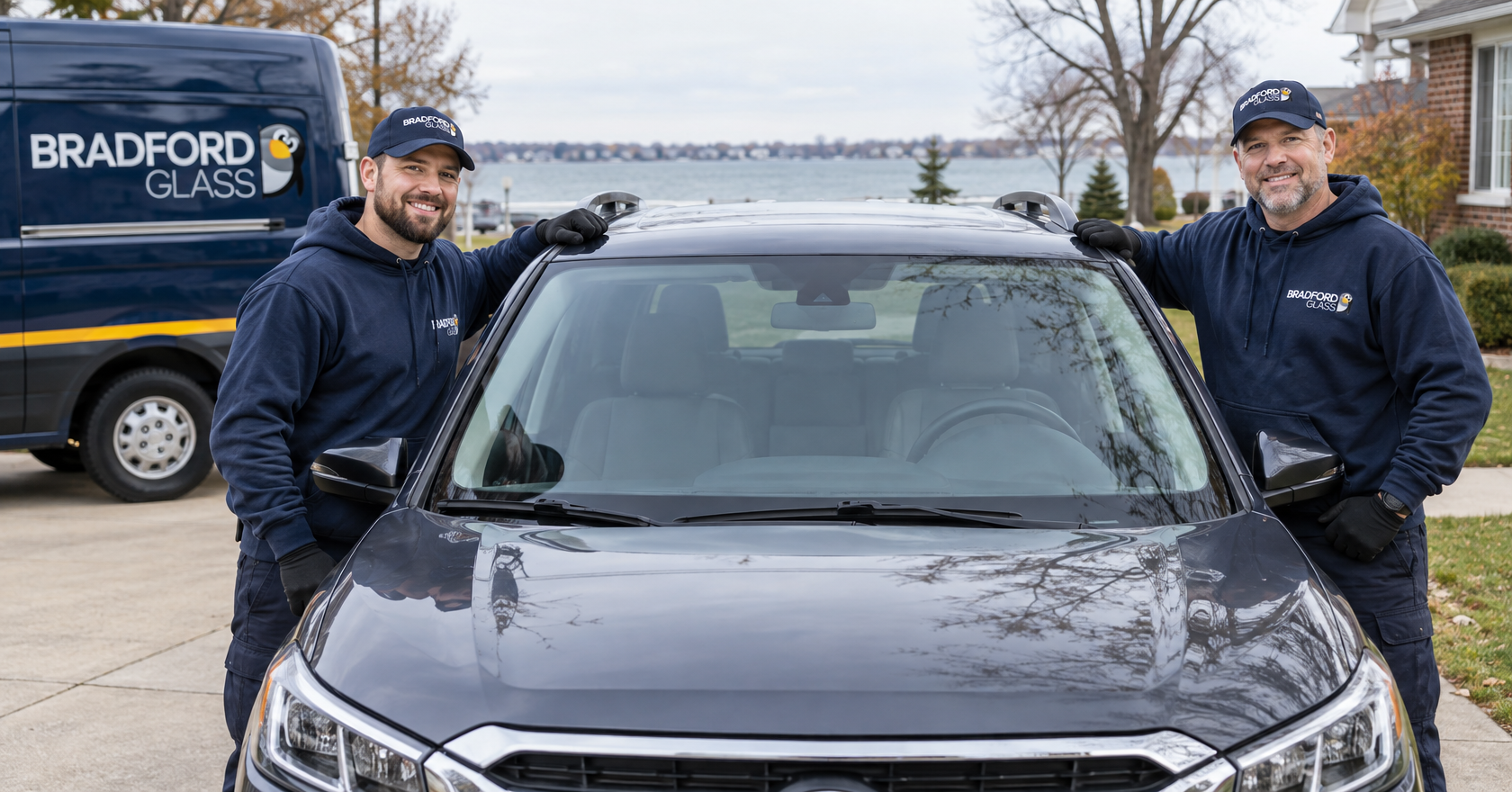 Two Bradford Glass technicians beside an SUV with a newly installed windshield
