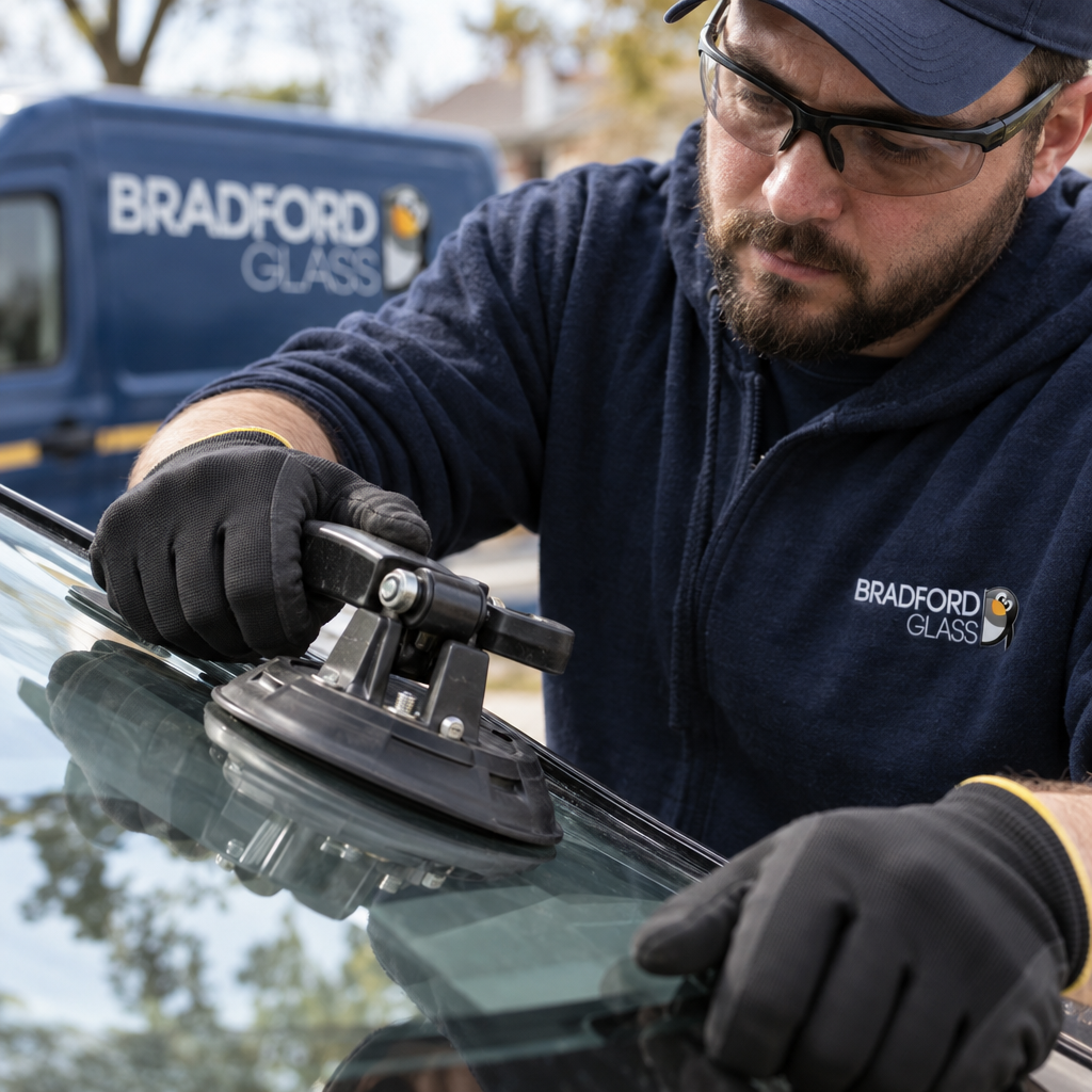 Close-up of a Bradford Glass technician seating windshield glass