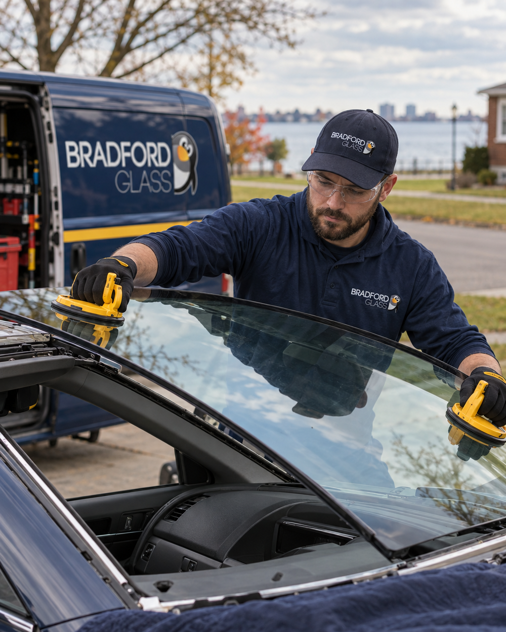 Bradford Glass technician positioning a windshield with suction cups
