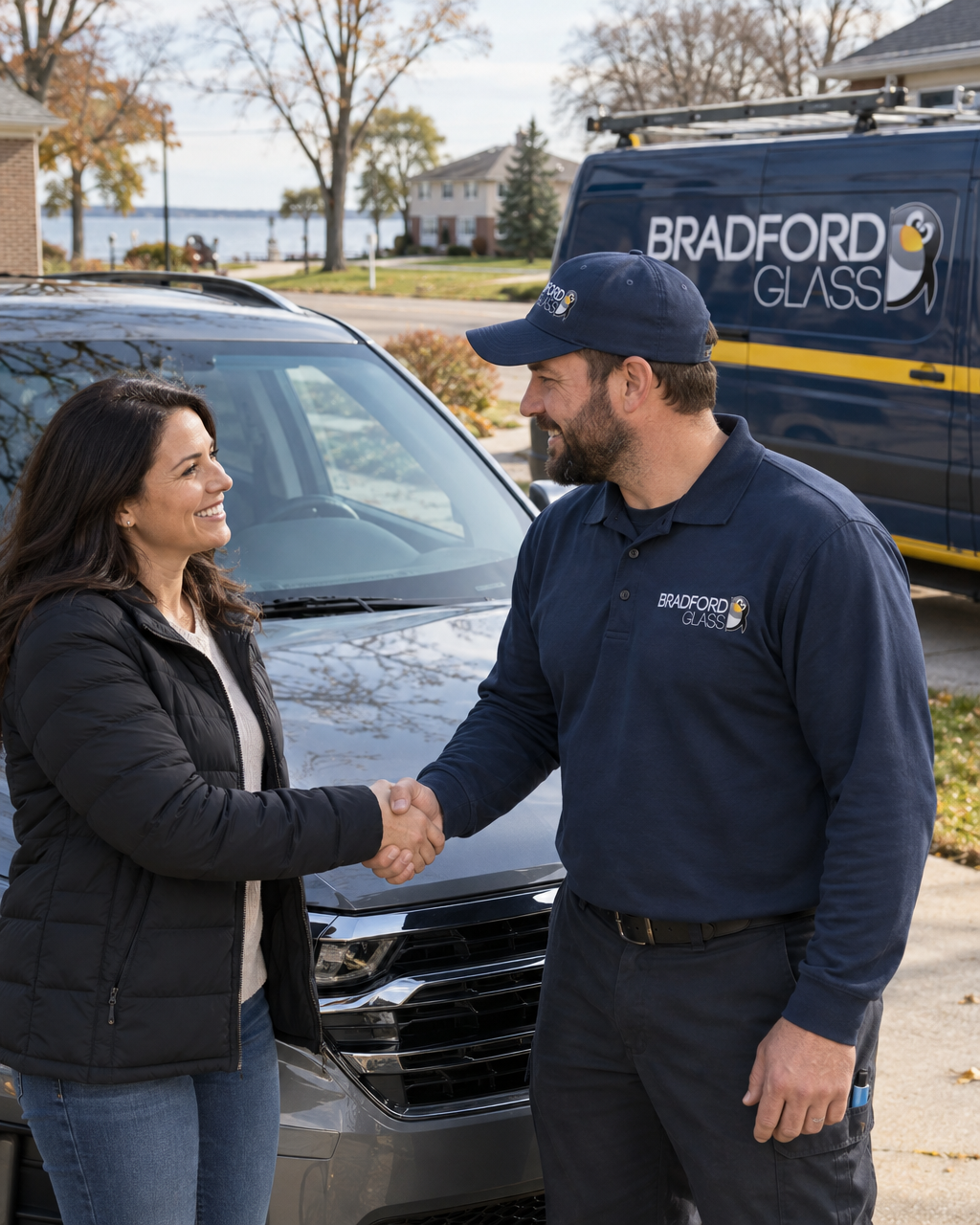 Bradford Glass technician shaking hands with a customer beside her SUV