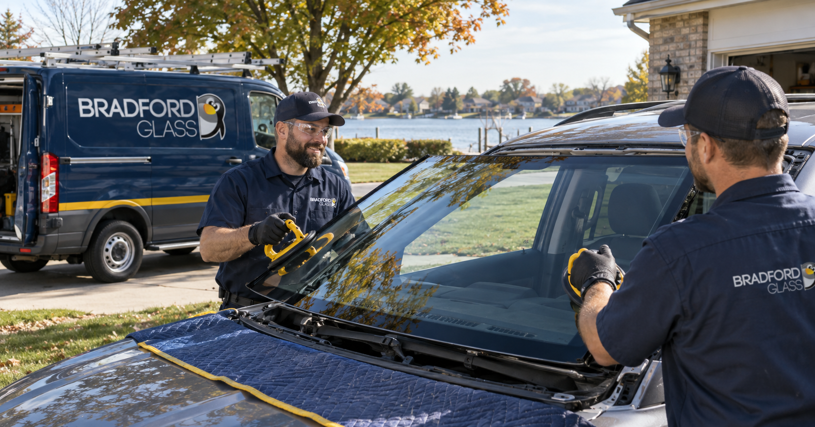 Two Bradford Glass technicians setting a new windshield on an SUV in a driveway